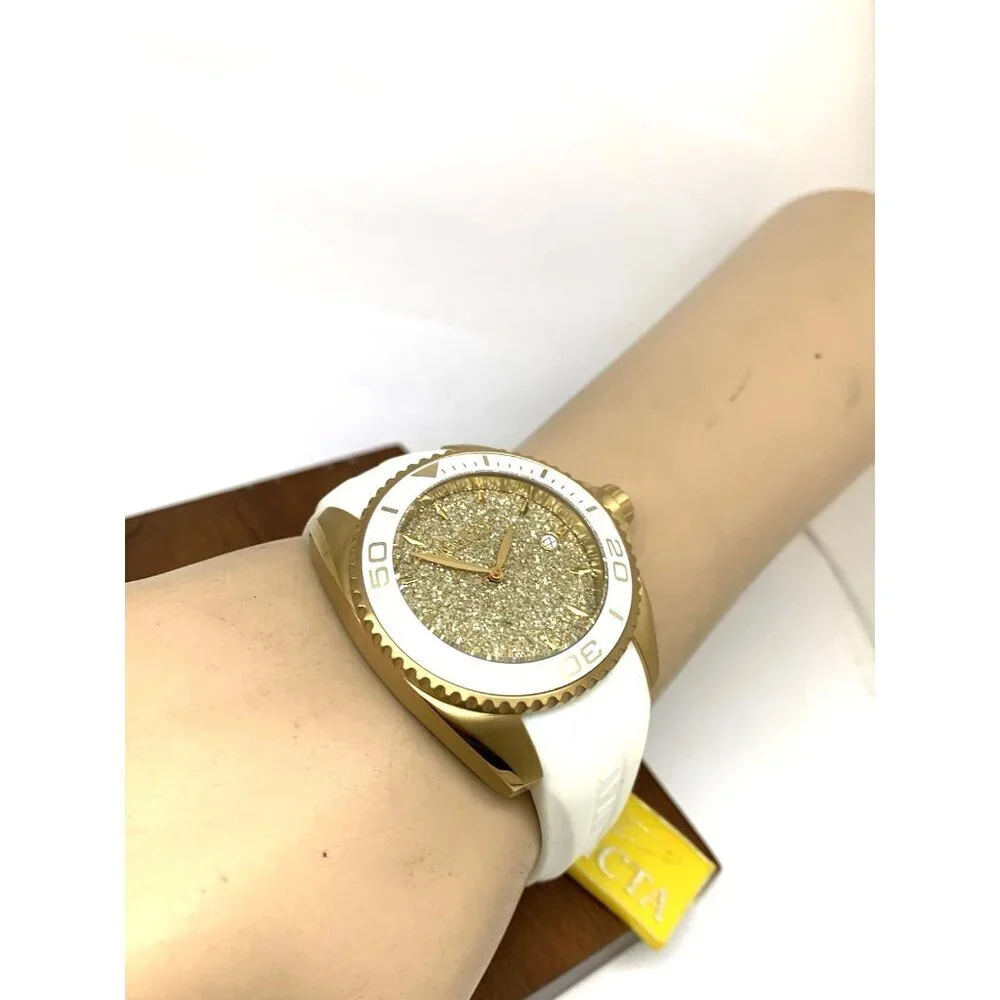 Invicta Women's Watch 22703 Angel Round Analog Date Gold Tone White Rubber Strap